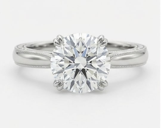 Solitaire with Grooved Milgrain Band Round Brilliant 3 ct Lab-Grown Diamond Ring in 14K White Gold: Title: Solitaire with Grooved Milgrain Band Round Brilliant 3 ct Lab-Grown Diamond Ring in 14K White Gold Description: This refined solitaire with grooved milgrain band ring features a 3 ct lab-grown