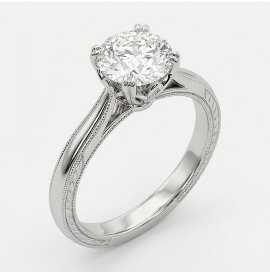 Solitaire with Grooved Milgrain Band Round Brilliant 3 ct Lab-Grown Diamond Ring in 14K White Gold - 2