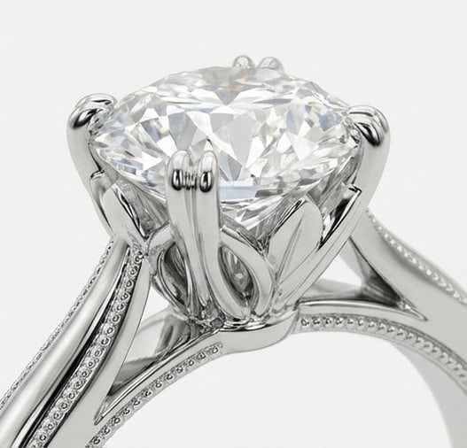 Solitaire with Grooved Milgrain Band Round Brilliant 3 ct Lab-Grown Diamond Ring in 14K White Gold - 3
