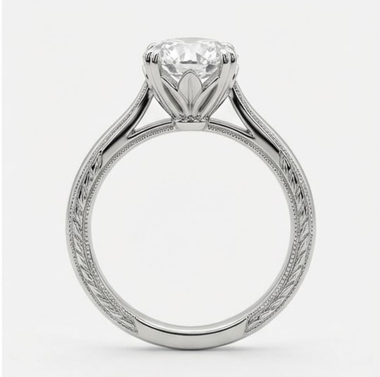 Solitaire with Grooved Milgrain Band Round Brilliant 3 ct Lab-Grown Diamond Ring in 14K White Gold - 4