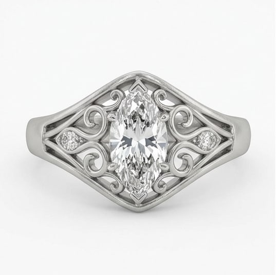 Art Nouveau Filigree & Scrollwork Marquise Cut 2 ct Lab-Grown Diamond Ring in 14K White Gold: Title: Art Nouveau Filigree & Scrollwork Marquise Cut 2 ct Lab-Grown Diamond Ring in 14K White Gold Description: This refined art nouveau filigree & scrollwork ring features a 2 ct lab-grown diamond i