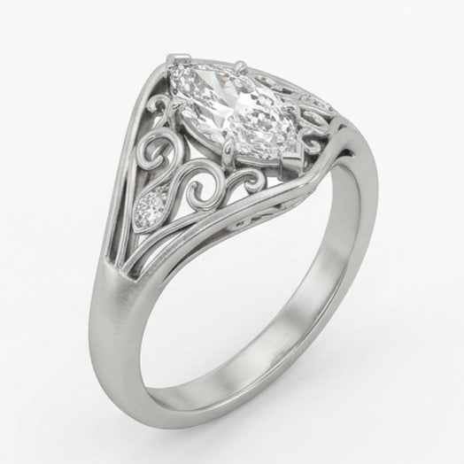 Art Nouveau Filigree & Scrollwork Marquise Cut 2 ct Lab-Grown Diamond Ring in 14K White Gold - 2