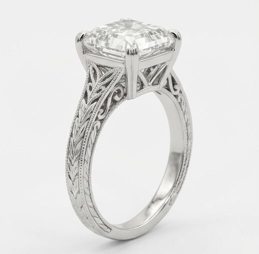 Solitaire with Leaf Pattern Engraving Asscher Cut 6 ct Lab-Grown Diamond Ring in 14K White Gold - 2