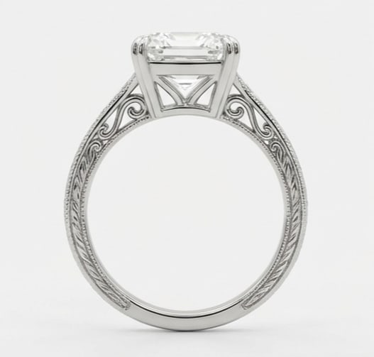 Solitaire with Leaf Pattern Engraving Asscher Cut 6 ct Lab-Grown Diamond Ring in 14K White Gold - 3