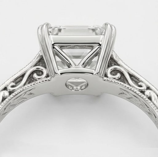 Solitaire with Leaf Pattern Engraving Asscher Cut 6 ct Lab-Grown Diamond Ring in 14K White Gold - 4