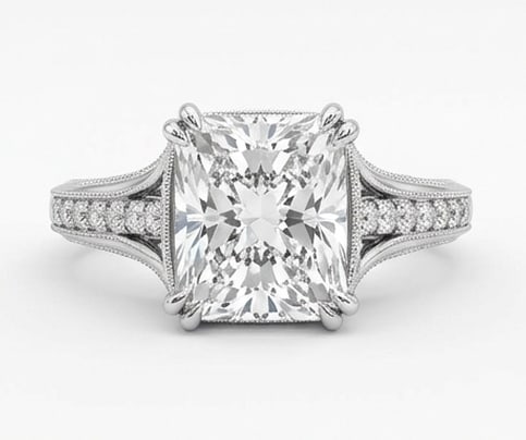 Vintage Split Shank with Milgrain Rails Radiant Cut 4 ct Lab-Grown Diamond Ring in 14K White Gold: Title: Vintage Split Shank with Milgrain Rails Radiant Cut 4 ct Lab-Grown Diamond Ring in 14K White Gold Description: This refined vintage split shank with milgrain rails ring features a 4 ct lab-grow
