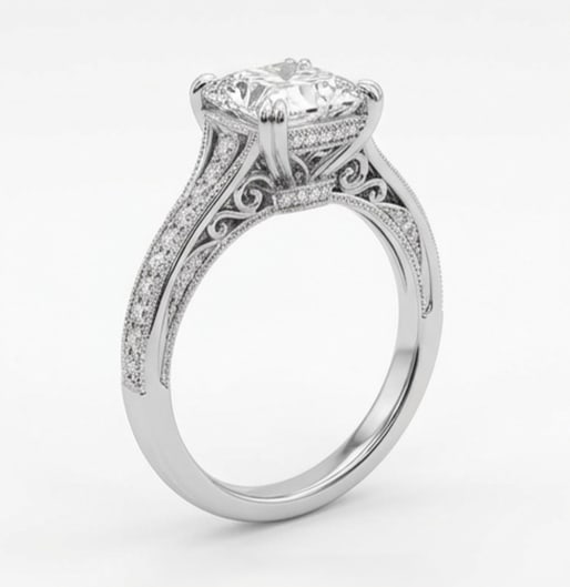 Vintage Split Shank with Milgrain Rails Radiant Cut 4 ct Lab-Grown Diamond Ring in 14K White Gold - 2