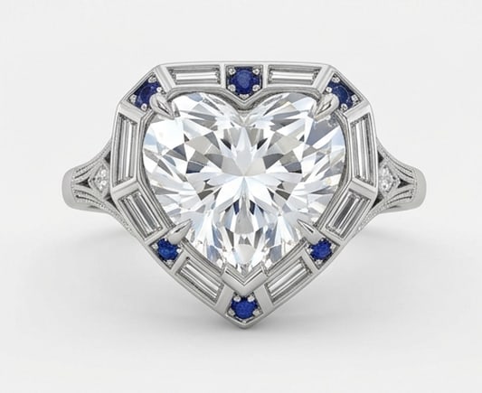 Art Deco Geometric Target Halo Heart Shape 4 ct Lab-Grown Diamond Ring in 14K White Gold: Title: Art Deco Geometric Target Halo Heart Shape 4 ct Lab-Grown Diamond Ring in 14K White Gold Description: This refined art deco geometric target halo ring features a 4 ct lab-grown diamond in a hea