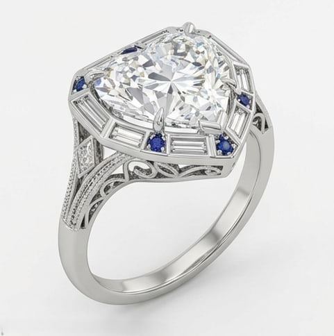 Art Deco Geometric Target Halo Heart Shape 4 ct Lab-Grown Diamond Ring in 14K White Gold - 2