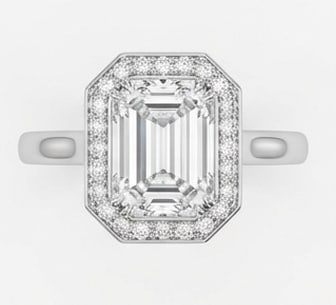 Octagonal Halo with Wide Polished Band Emerald Cut 6 ct Lab-Grown Diamond Ring in 14K White Gold: Title: Octagonal Halo with Wide Polished Band Emerald Cut 6 ct Lab-Grown Diamond Ring in 14K White Gold Description: This refined octagonal halo with wide polished band ring features a 6 ct lab-grown