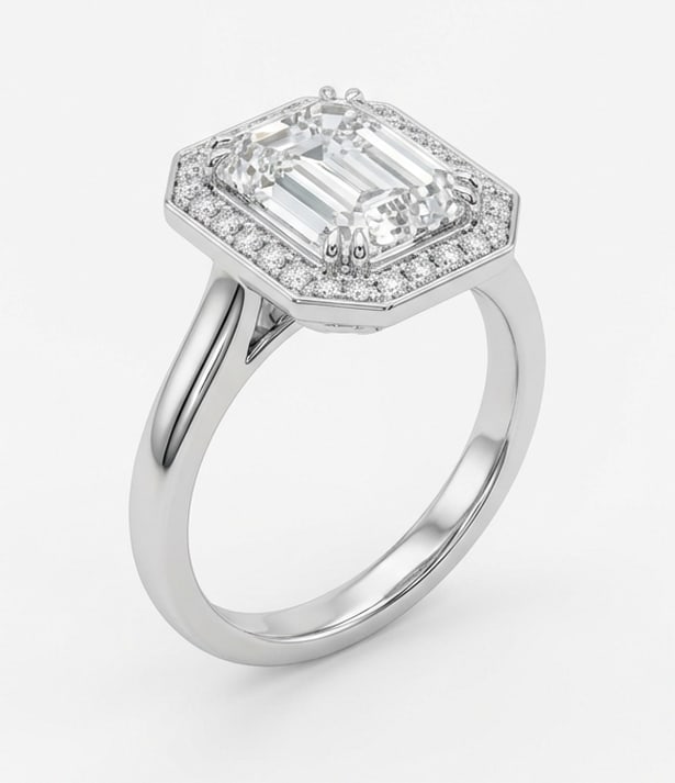 Octagonal Halo with Wide Polished Band Emerald Cut 6 ct Lab-Grown Diamond Ring in 14K White Gold - 2