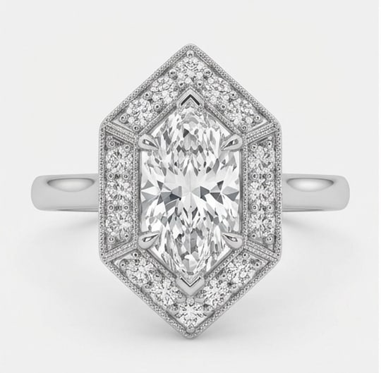 Geometric Hexagonal Halo with Milgrain Marquise Cut 5 ct Lab-Grown Diamond Ring in 14K White Gold: Title: Geometric Hexagonal Halo with Milgrain Marquise Cut 5 ct Lab-Grown Diamond Ring in 14K White Gold Description: This refined geometric hexagonal halo with milgrain ring features a 5 ct lab-grown