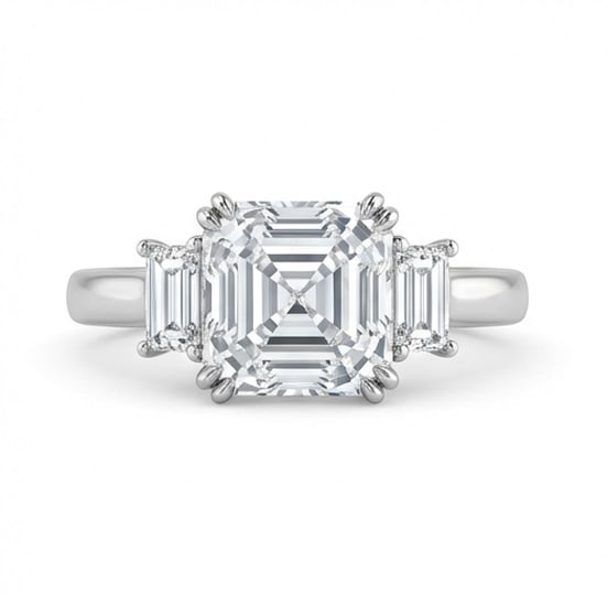 Classic Three-Stone Asscher Cut 3 ct Lab-Grown Diamond Ring in 14K White Gold: Title: Classic Three-Stone Asscher Cut 3 ct Lab-Grown Diamond Ring in 14K White Gold Description: This refined classic three-stone ring features a 3 ct lab-grown diamond in a asscher cut cut, expertly