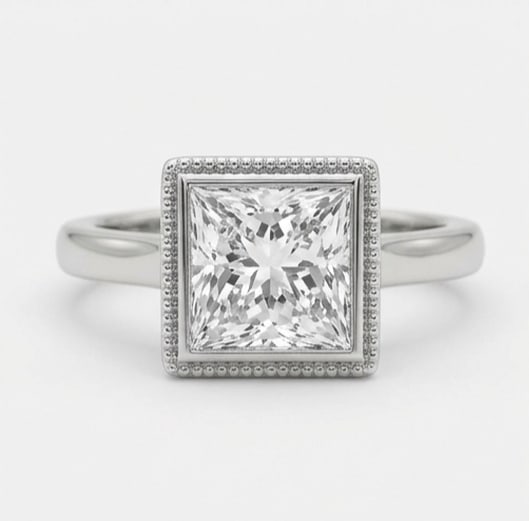 Bezel Set Halo with Milgrain Edge Princess Cut 3 ct Lab-Grown Diamond Ring in 14K White Gold: Title: Bezel Set Halo with Milgrain Edge Princess Cut 3 ct Lab-Grown Diamond Ring in 14K White Gold Description: This refined bezel set halo with milgrain edge ring features a 3 ct lab-grown diamond i