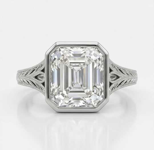 Vintage Bezel Solitaire with Split Shank Emerald Cut 4 ct Lab-Grown Diamond Ring in 14K White Gold: Title: Vintage Bezel Solitaire with Split Shank Emerald Cut 4 ct Lab-Grown Diamond Ring in 14K White Gold Description: This refined vintage bezel solitaire with split shank ring features a 4 ct lab-gr