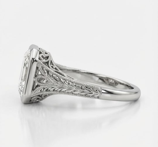 Vintage Bezel Solitaire with Split Shank Emerald Cut 4 ct Lab-Grown Diamond Ring in 14K White Gold - 2