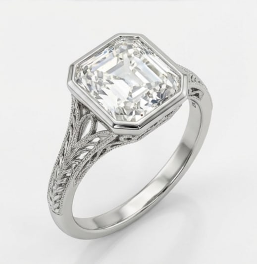 Vintage Bezel Solitaire with Split Shank Emerald Cut 4 ct Lab-Grown Diamond Ring in 14K White Gold - 3