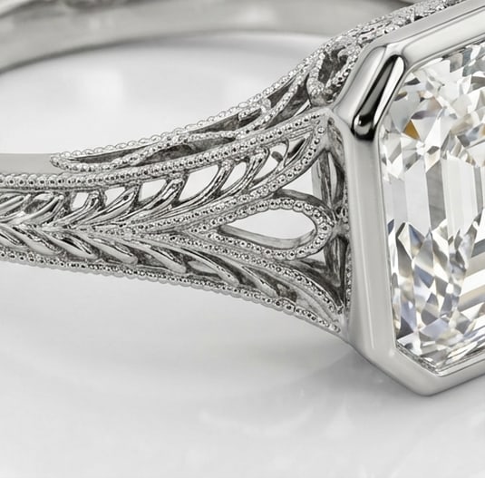 Vintage Bezel Solitaire with Split Shank Emerald Cut 4 ct Lab-Grown Diamond Ring in 14K White Gold - 4