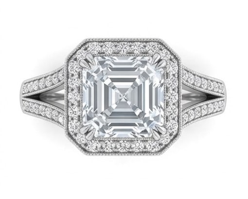 Octagonal Halo with Split Pave Shank Asscher Cut 4 ct Lab-Grown Diamond Ring in 14K White Gold: Title: Octagonal Halo with Split Pave Shank Asscher Cut 4 ct Lab-Grown Diamond Ring in 14K White Gold Description: This refined octagonal halo with split pave shank ring features a 4 ct lab-grown diam