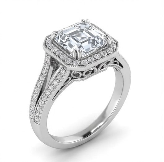 Octagonal Halo with Split Pave Shank Asscher Cut 4 ct Lab-Grown Diamond Ring in 14K White Gold - 2