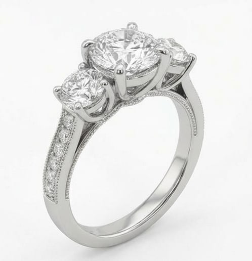 Three-Stone with Pave Shoulders Round Brilliant 2 ct Lab-Grown Diamond Ring in 14K White Gold - 2