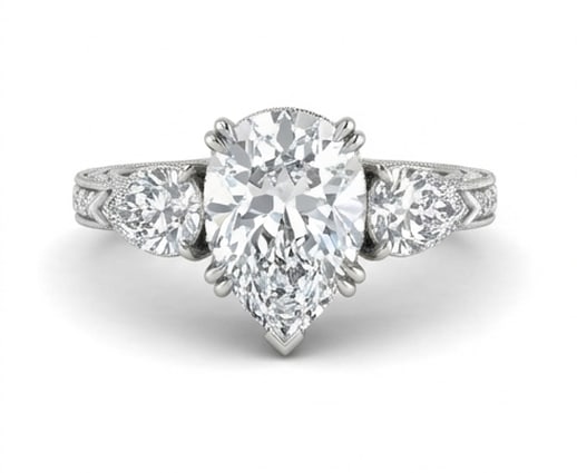Vintage Three-Stone with Milgrain Pear Shape 3 ct Lab-Grown Diamond Ring in 14K White Gold (1 of 4)
