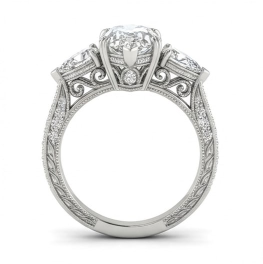 Vintage Three-Stone with Milgrain Pear Shape 3 ct Lab-Grown Diamond Ring in 14K White Gold - 3