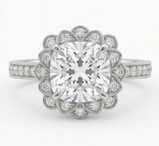 Floral Scalloped Halo Cushion Cut 4 ct Lab-Grown Diamond Ring in 14K White Gold (1 of 3)