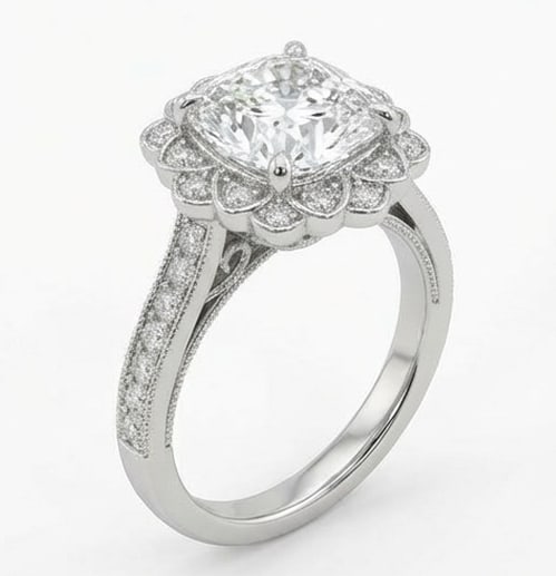 Floral Scalloped Halo Cushion Cut 4 ct Lab-Grown Diamond Ring in 14K White Gold - 2