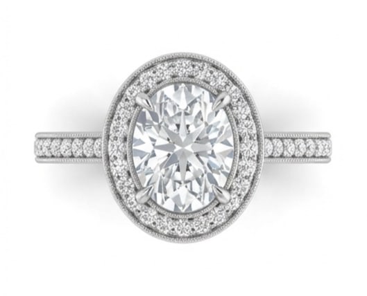 Vintage Halo with Milgrain Edges Oval Cut 3 ct Lab-Grown Diamond Ring in 14K White Gold: Title: Vintage Halo with Milgrain Edges Oval Cut 3 ct Lab-Grown Diamond Ring in 14K White Gold Description: This refined vintage halo with milgrain edges ring features a 3 ct lab-grown diamond in a ov