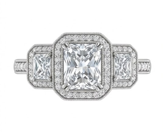 Three-Stone Double Halo Radiant Cut 4 ct Lab-Grown Diamond Ring in 14K White Gold (1 of 4)