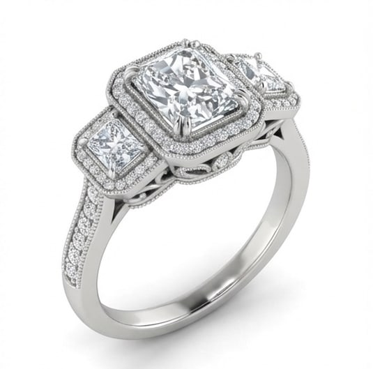 Three-Stone Double Halo Radiant Cut 4 ct Lab-Grown Diamond Ring in 14K White Gold - 2