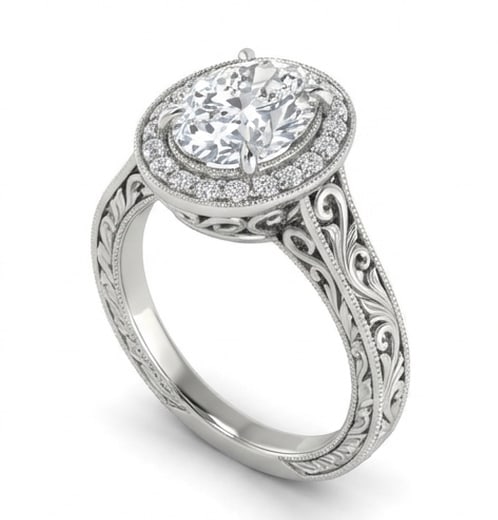 Halo with Scroll/Filigree Shank Oval Cut 4 ct Lab-Grown Diamond Ring in 14K White Gold - 2