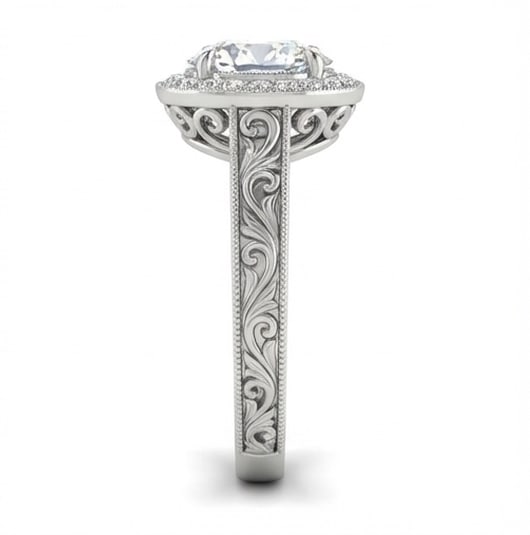 Halo with Scroll/Filigree Shank Oval Cut 4 ct Lab-Grown Diamond Ring in 14K White Gold - 3