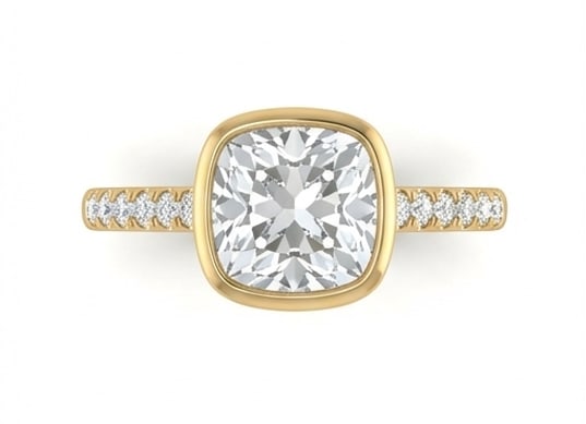 Bezel Set Solitaire with Pave Band Cushion Cut 3 ct Lab-Grown Diamond Ring in 14K Yellow Gold: Title: Bezel Set Solitaire with Pave Band Cushion Cut 3 ct Lab-Grown Diamond Ring in 14K Yellow Gold Description: This refined bezel set solitaire with pave band ring features a 3 ct lab-grown diamond