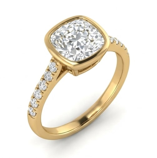 Bezel Set Solitaire with Pave Band Cushion Cut 3 ct Lab-Grown Diamond Ring in 14K Yellow Gold - 2