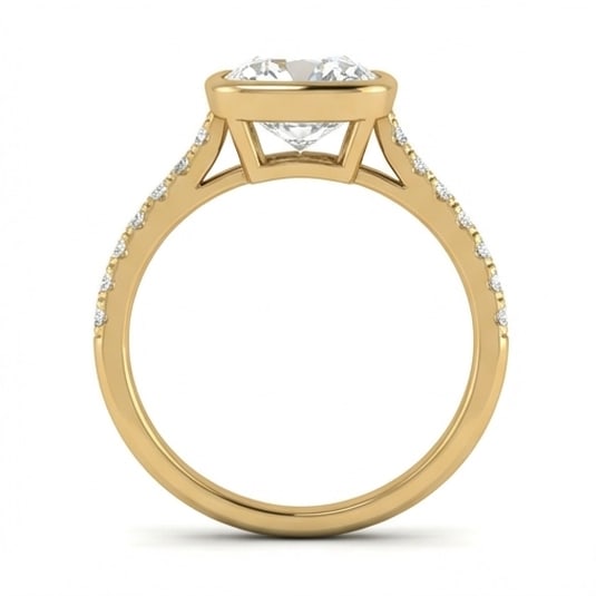 Bezel Set Solitaire with Pave Band Cushion Cut 3 ct Lab-Grown Diamond Ring in 14K Yellow Gold - 3