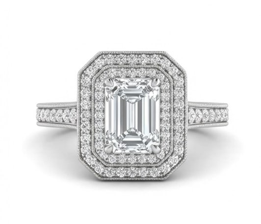 Double Octagonal Halo Emerald Cut 4 ct Lab-Grown Diamond Ring in 14K White Gold: Title: Double Octagonal Halo Emerald Cut 4 ct Lab-Grown Diamond Ring in 14K White Gold Description: This refined double octagonal halo ring features a 4 ct lab-grown diamond in a emerald cut cut, expe