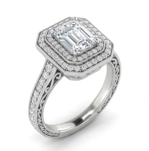 Double Octagonal Halo Emerald Cut 4 ct Lab-Grown Diamond Ring in 14K White Gold - 2