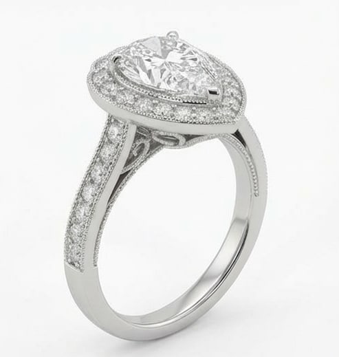 Classic Halo with Pave Band & Milgrain Pear Shape 5 ct Lab-Grown Diamond Ring in 14K White Gold - 2