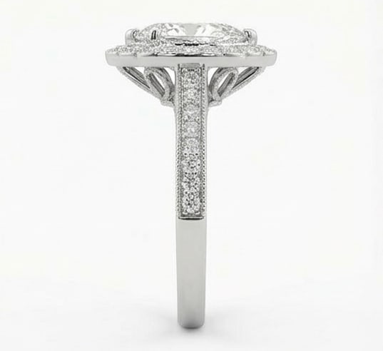 Classic Halo with Pave Band & Milgrain Pear Shape 5 ct Lab-Grown Diamond Ring in 14K White Gold - 3