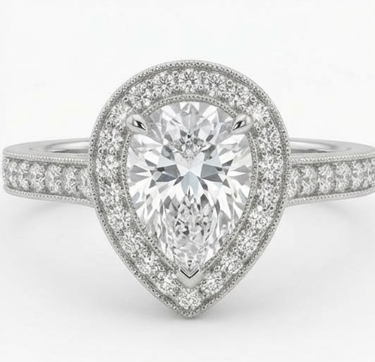 Halo with Bead Set Band (Cathedral) Pear Shape 6 ct Lab-Grown Diamond Ring in 14K White Gold: Title: Halo with Bead Set Band (Cathedral) Pear Shape 6 ct Lab-Grown Diamond Ring in 14K White Gold Description: This refined halo with bead set band (cathedral) ring features a 6 ct lab-grown diamond
