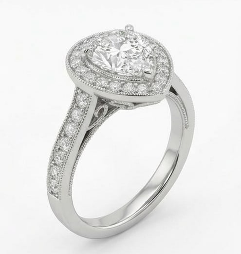 Halo with Bead Set Band (Cathedral) Pear Shape 6 ct Lab-Grown Diamond Ring in 14K White Gold - 2