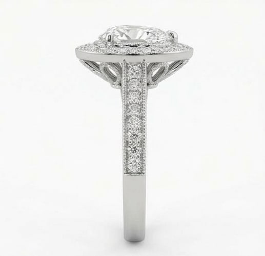 Halo with Bead Set Band (Cathedral) Pear Shape 6 ct Lab-Grown Diamond Ring in 14K White Gold - 4