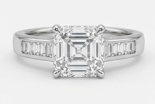 Modern Solitaire with Channel Set Shoulders Asscher Cut 4 ct Lab-Grown Diamond Ring in 14K White: Title: Modern Solitaire with Channel Set Shoulders Asscher Cut 4 ct Lab-Grown Diamond Ring in 14K White Gold Description: This refined modern solitaire with channel set shoulders ring features a 4 ct