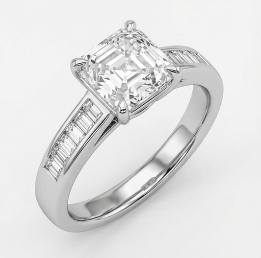 Modern Solitaire with Channel Set Shoulders Asscher Cut 4 ct Lab-Grown Diamond Ring in 14K White - 2