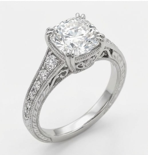 Vintage Split Shank with Pave Cushion Cut 4 ct Lab-Grown Diamond Ring in 14K White Gold - 3