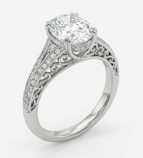 Intricate Vintage Split Shank with Pave Oval Cut 3 ct Lab-Grown Diamond Ring in 14K White Gold - 3