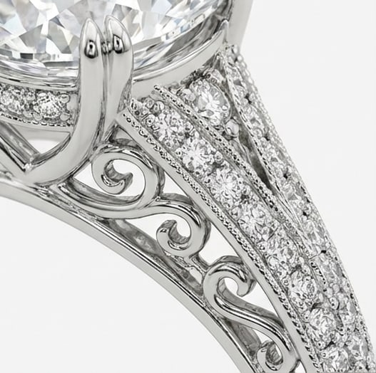 Intricate Vintage Split Shank with Pave Oval Cut 3 ct Lab-Grown Diamond Ring in 14K White Gold - 4