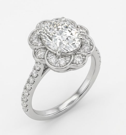 Floral Scalloped Halo (Cluster Style) Oval Cut 5 ct Lab-Grown Diamond Ring in 14K White Gold - 2